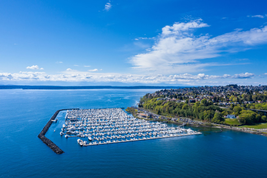 Aerial view of docked boats